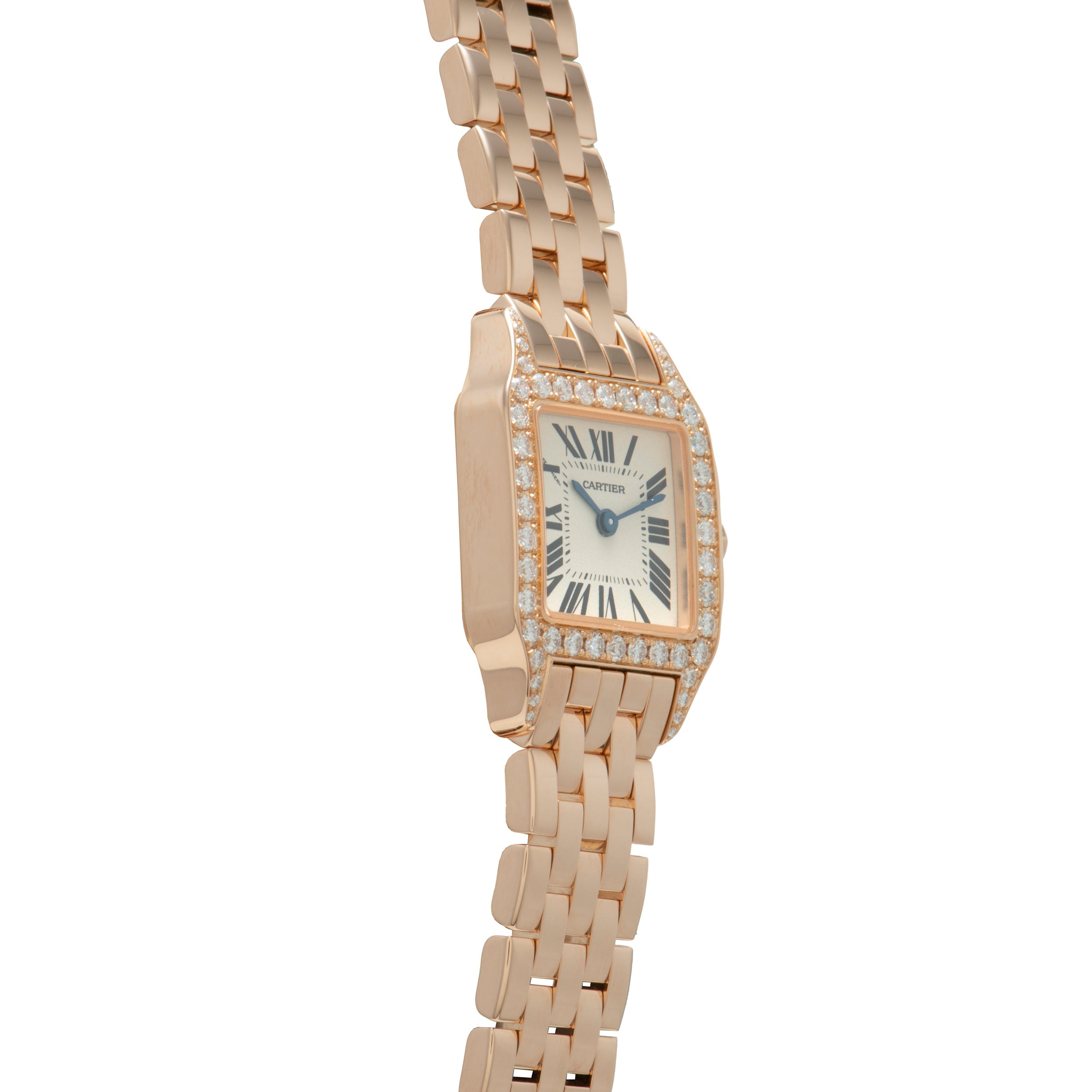 Rose gold rectangular watch with diamond bezel, cream dial with Roman numerals, and matching linked bracelet.