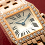Rose gold square watch with diamond bezel, cream dial, Roman numerals, blue hands, and matching bracelet.