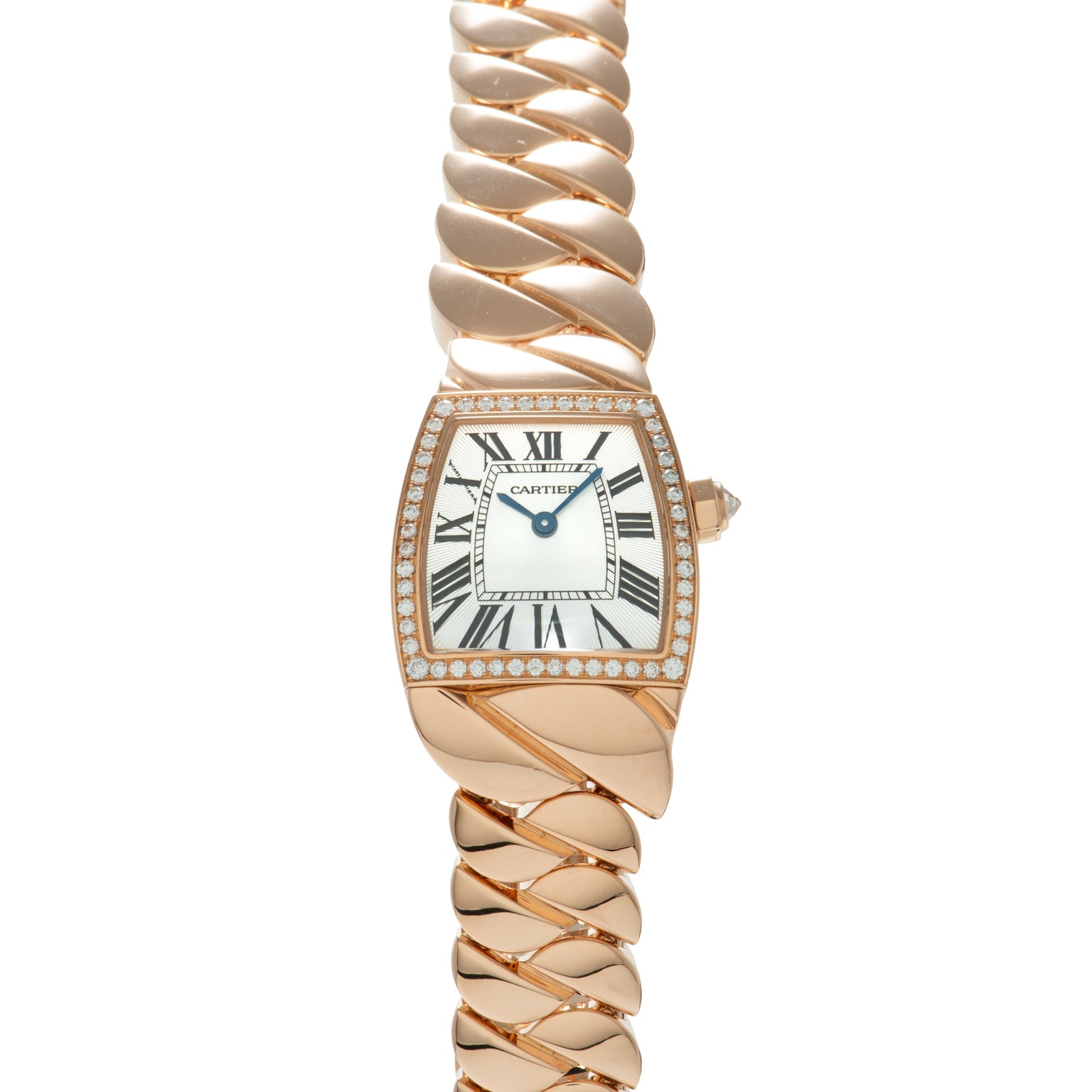 Rose gold watch with tonneau-shaped dial, Roman numerals, diamond bezel, and twisted rose gold bracelet.
