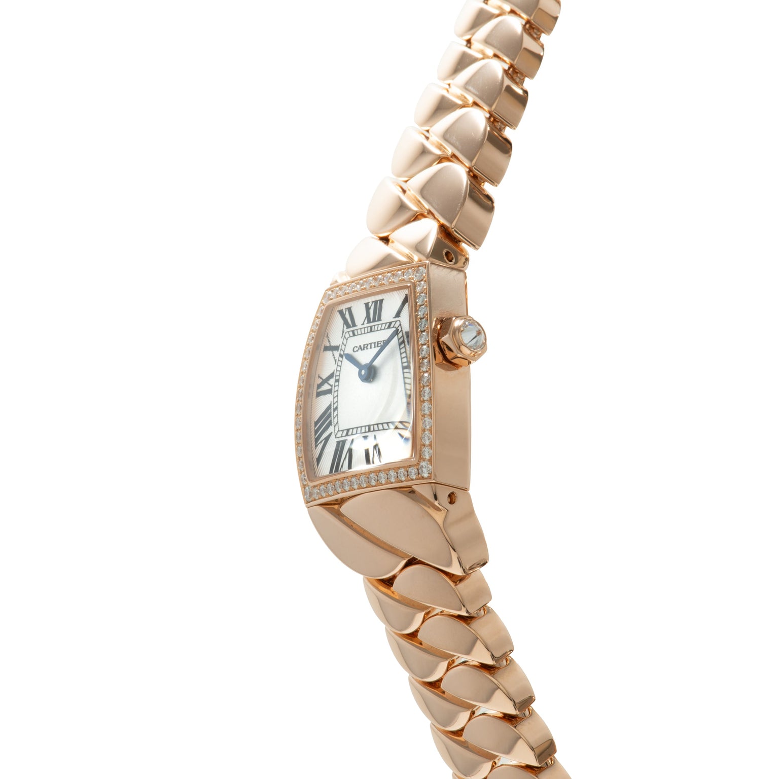Rose gold watch with rectangular white dial, Roman numerals, diamond-set bezel, and matching rose gold panther-link bracelet.