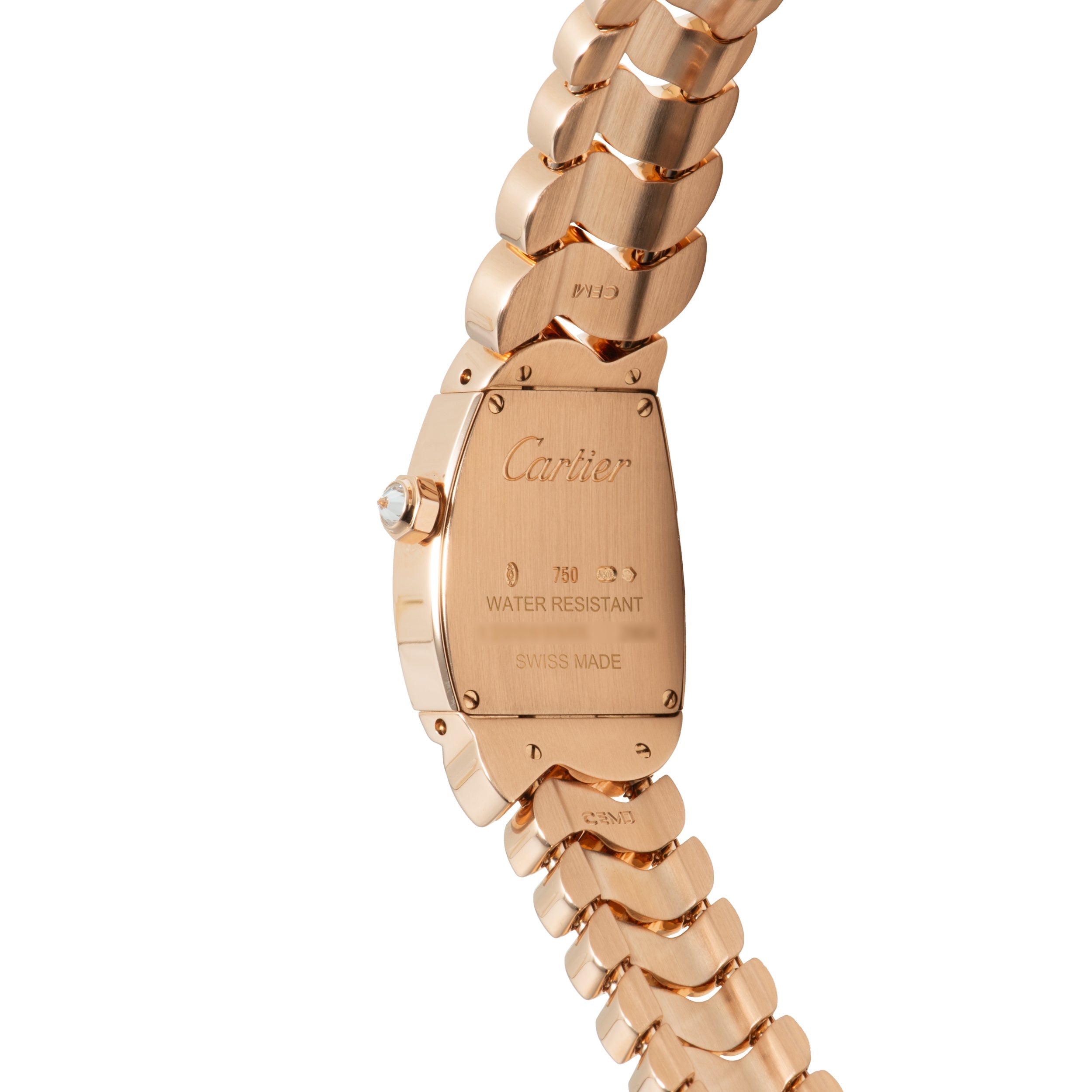 Rose gold Cartier watch with rectangular case, segmented bracelet, and crown on side; back engraved "Cartier," "760," "Water