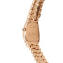 Rose gold Cartier watch with rectangular case, segmented bracelet, and crown on side; back engraved "Cartier," "760," "Water