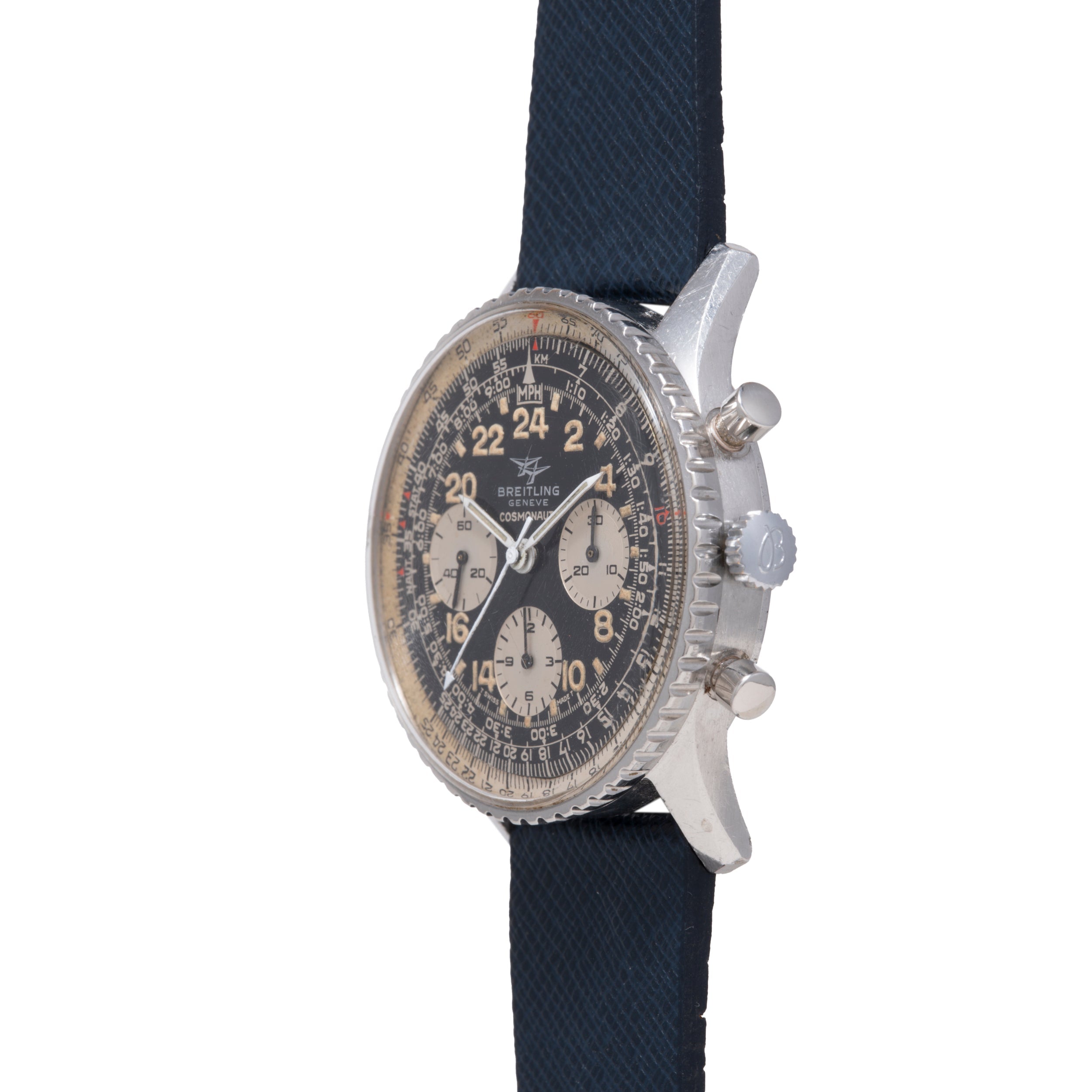 Breitling Cosmonaute chronograph watch with black dial, 24-hour markings, subdials, and dark blue fabric strap.