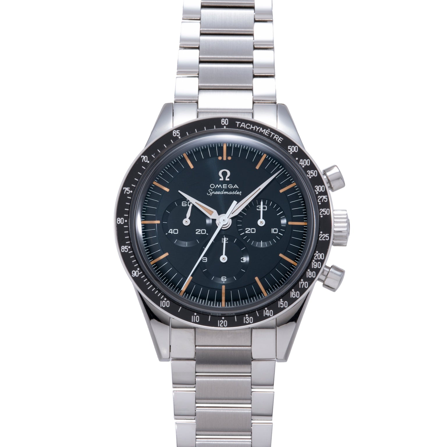 Omega Speedmaster chronograph watch with stainless steel bracelet, black dial, orange accents, and tachymetre bezel.