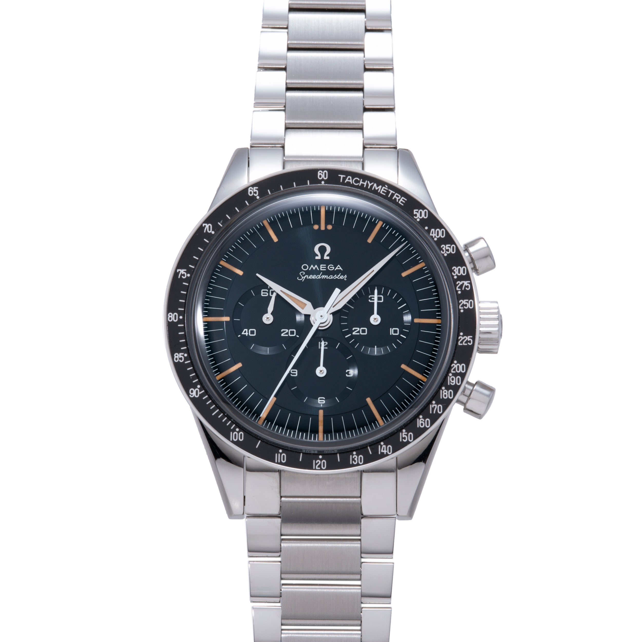 Omega Speedmaster chronograph watch with stainless steel bracelet, black dial, orange accents, and tachymetre bezel.