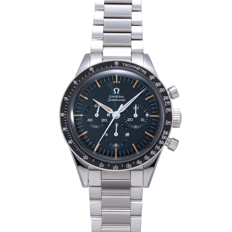 Omega Speedmaster chronograph watch with stainless steel bracelet, black dial, orange accents, and tachymetre bezel.