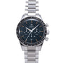 Omega Speedmaster chronograph watch with stainless steel bracelet, black dial, orange accents, and tachymetre bezel.