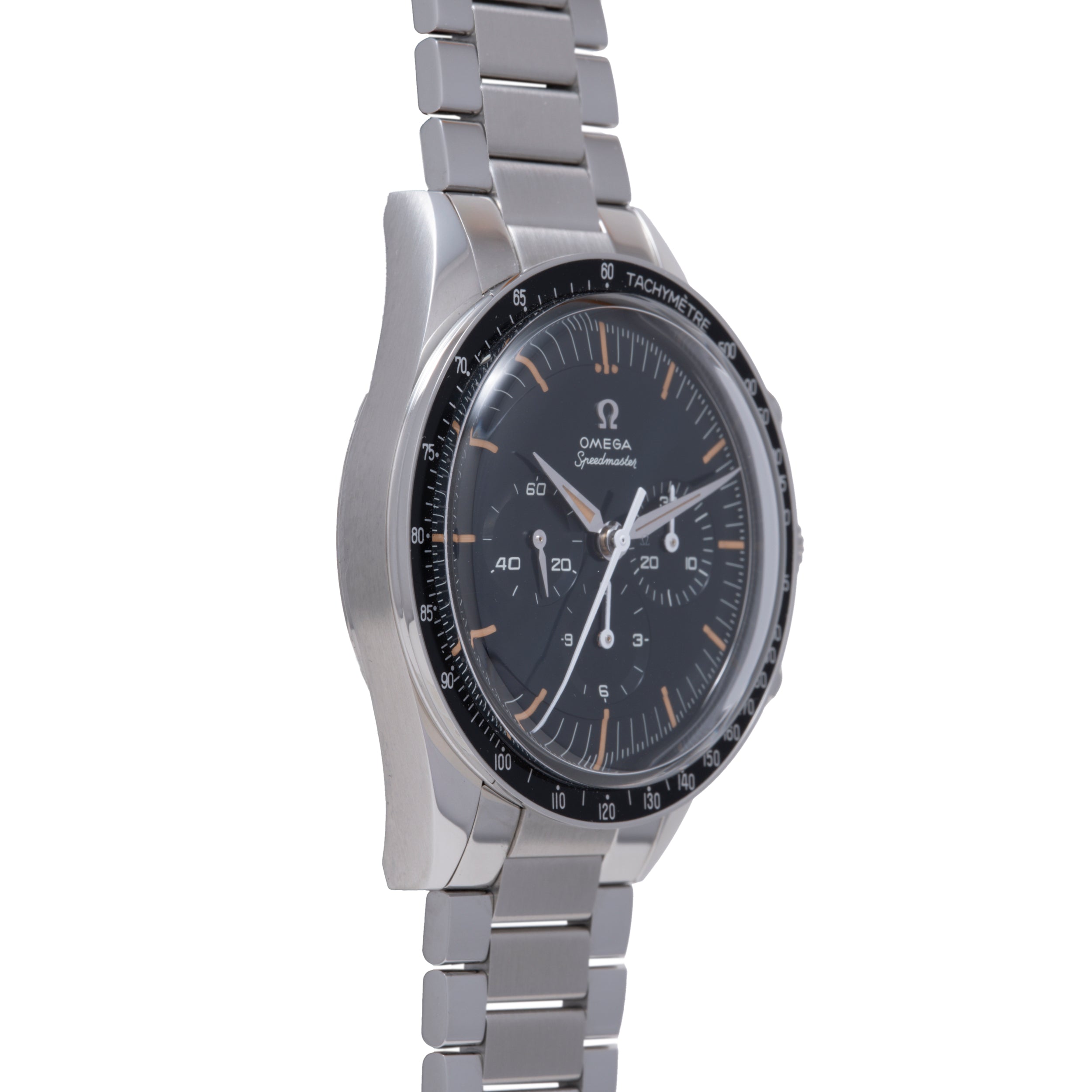 Stainless steel chronograph watch with black dial, orange accents, tachymeter bezel, and matching bracelet.