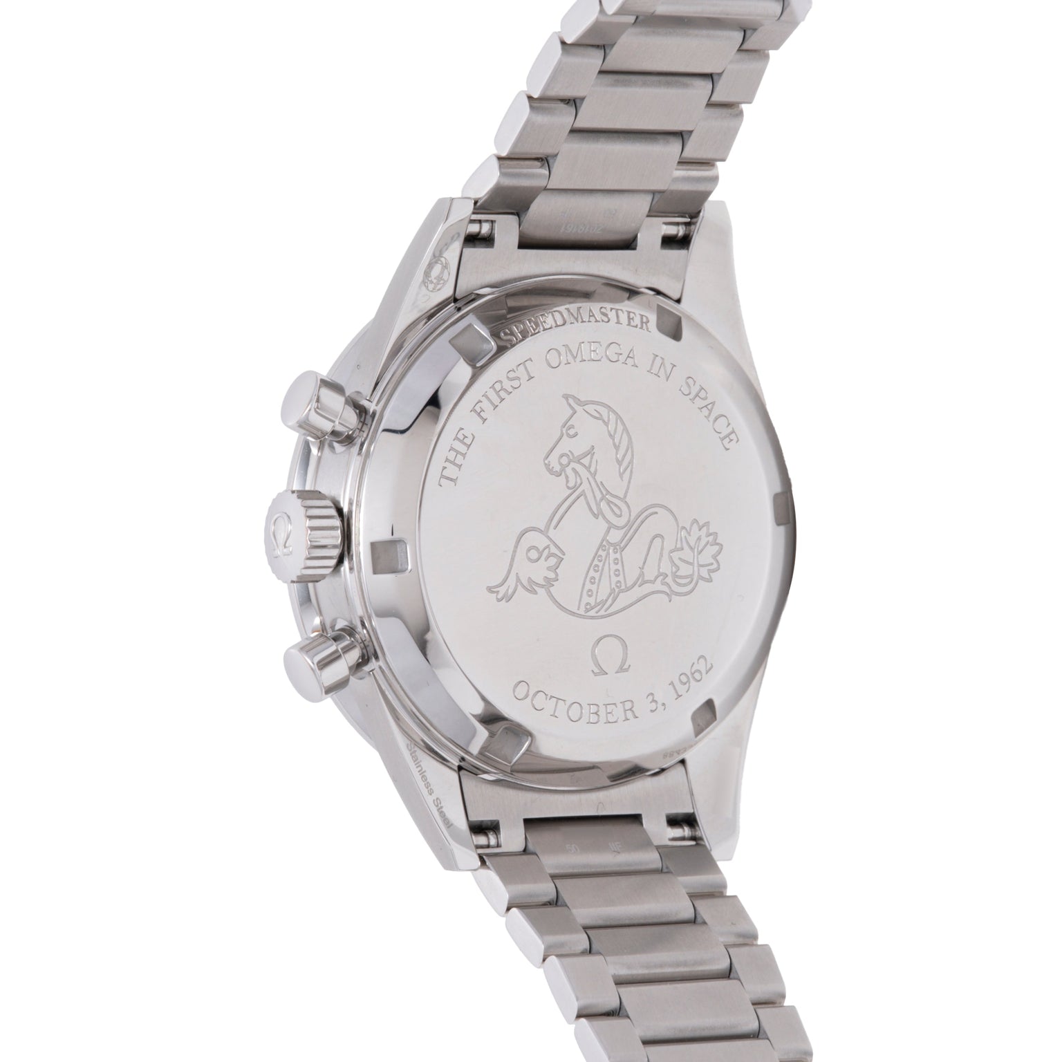 Stainless steel chronograph watch with linked bracelet, showing engraved caseback with "The First Omega In Space" text and Oc