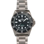 Tudor Pelagos dive watch with black dial, white hour markers, date window, and stainless steel bracelet.