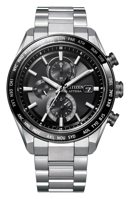 Citizen Attesa 42mm titanium watch with black dial, chronograph subdials, world city bezel, and linked bracelet.