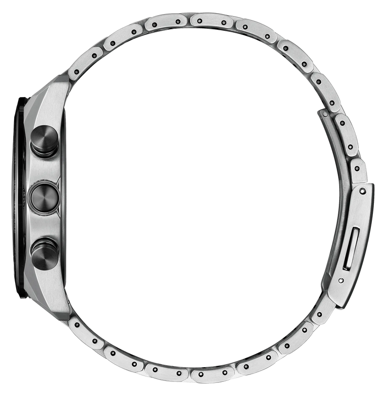 Titanium chronograph watch with 42mm case, black dial, and segmented metal bracelet with screw details.