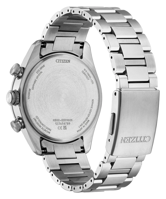 Citizen Attesa 42mm titanium chronograph watch with white dial and three-link metal bracelet, shown from back and side view.