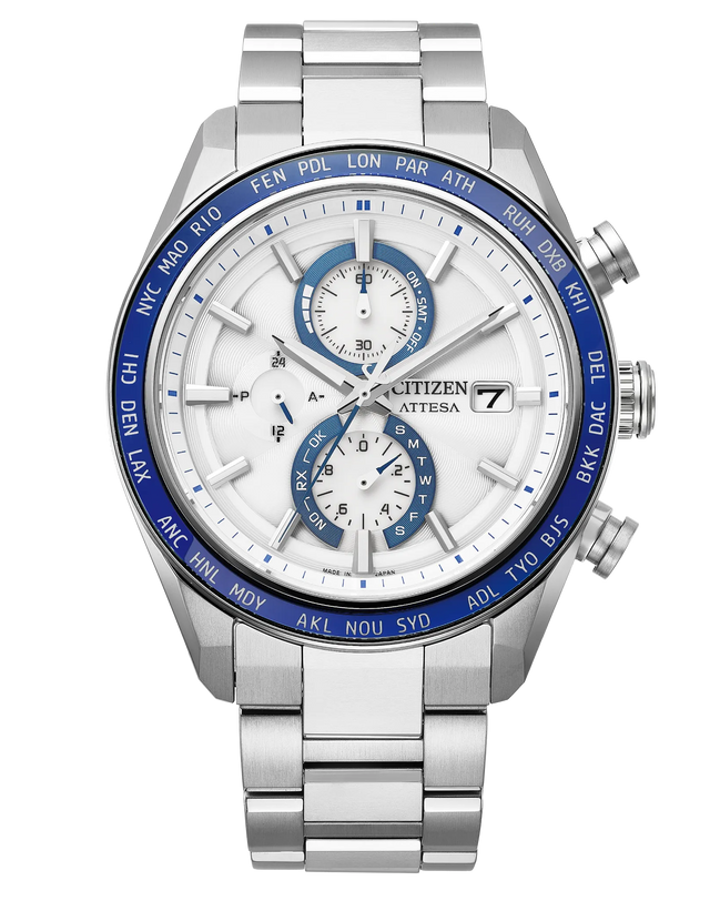 Citizen Attesa titanium watch with white dial, blue bezel, chronograph subdials, and matching bracelet.