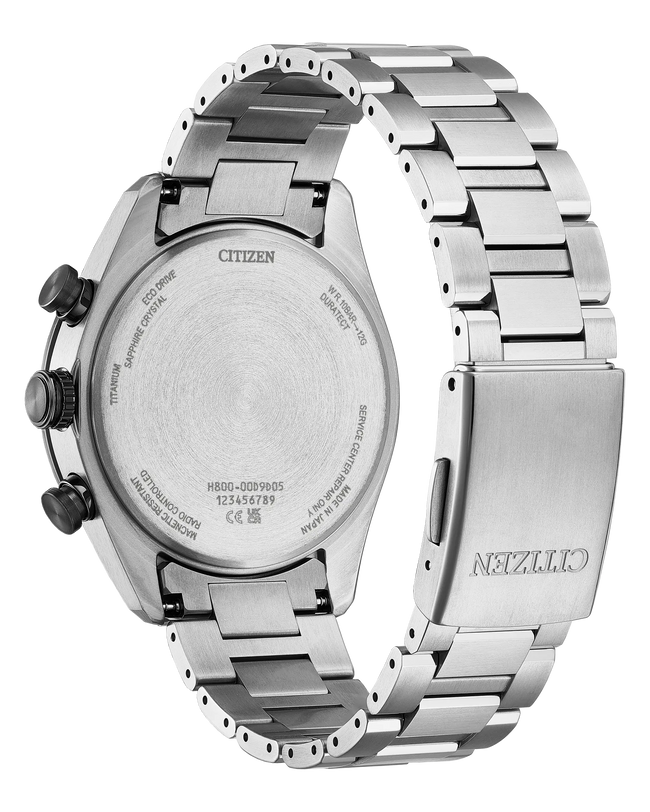Citizen Atessa Blue 42mm titanium watch with silver dial, chronograph pushers, and matching titanium bracelet shown from back