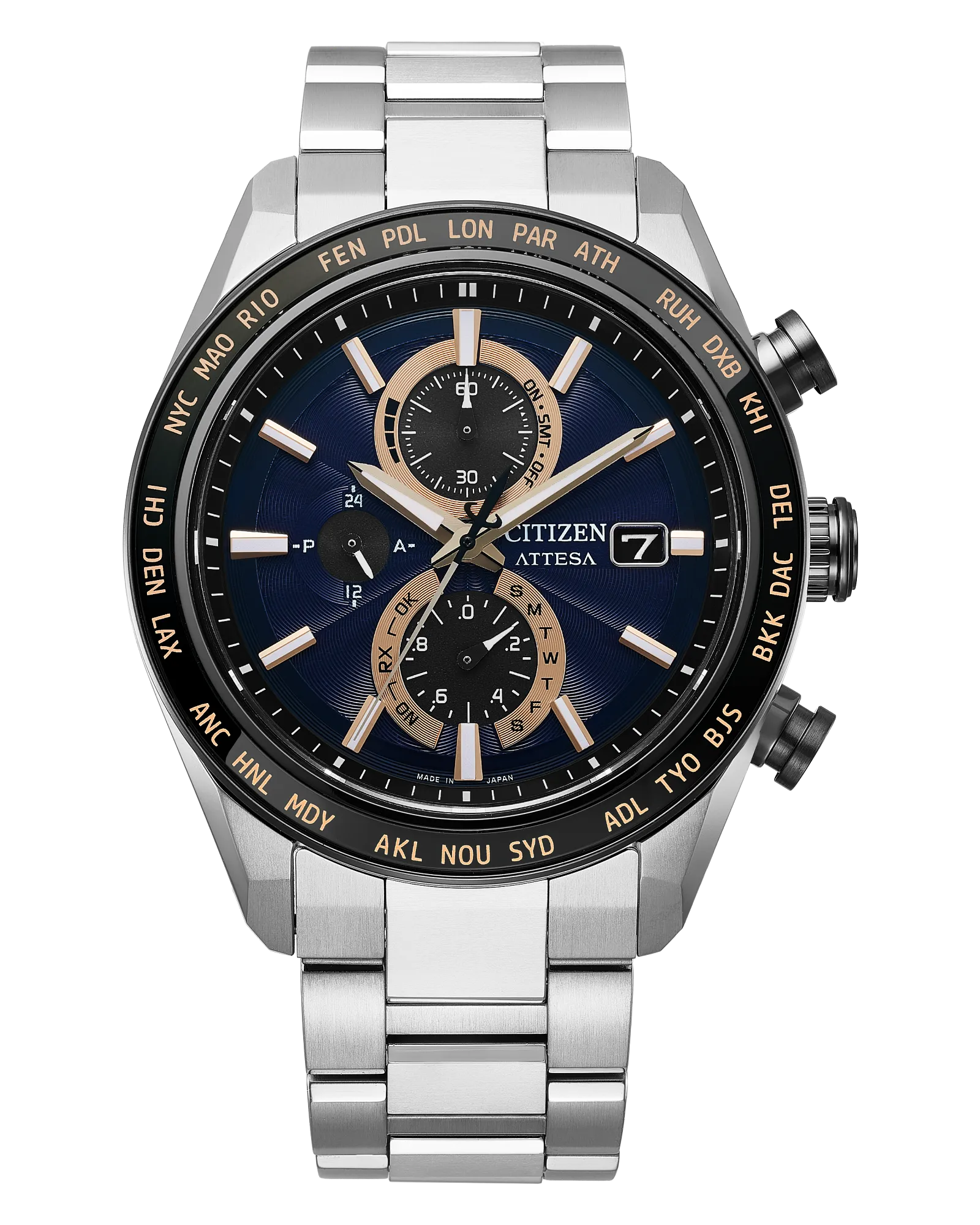 Citizen Attesa 42mm titanium chronograph watch with blue dial, rose gold accents, and world time bezel.