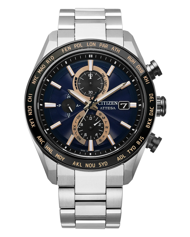 Citizen Attesa 42mm titanium chronograph watch with blue dial, rose gold accents, and world time bezel.