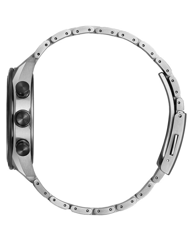 Titanium watch with blue dial, three black chronograph subdials, and segmented metal bracelet with riveted links.