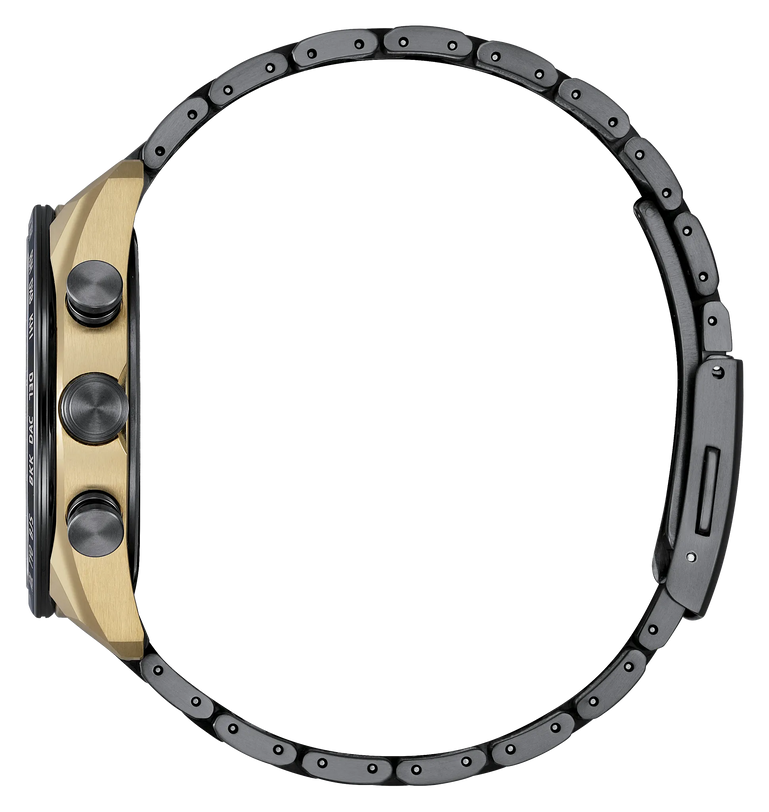 Black titanium chronograph watch with champagne-toned case, three subdials, and segmented bracelet.