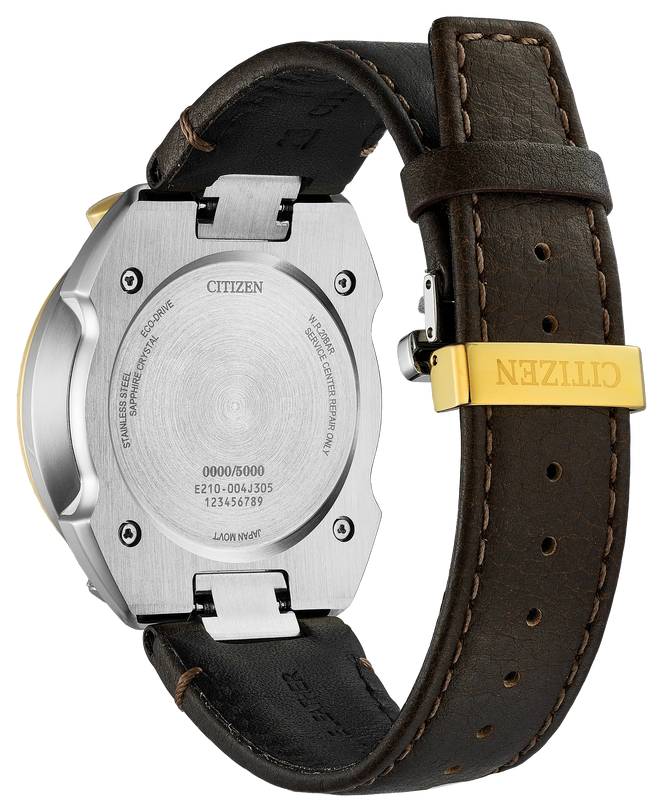 Citizen Promaster Tsuno Chrono Racer watch with silver case, green dial, gold accents, and dark brown leather strap shown fro