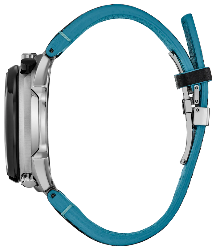 Promaster Tsuno Chrono Racer watch with stainless steel case, teal leather strap, and chronograph subdials.