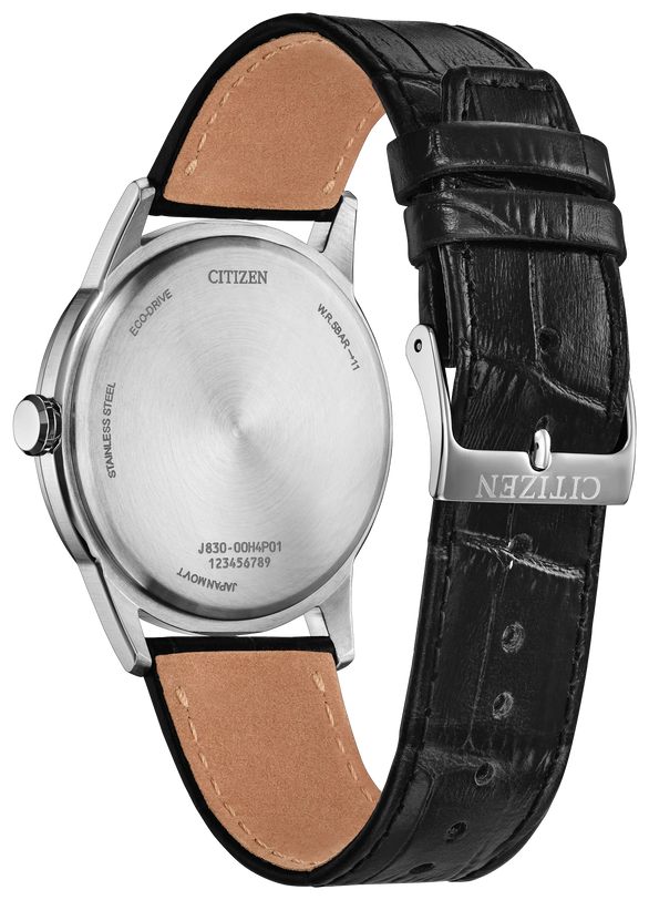 Silver-tone Citizen watch with white dial, 41mm case, and black leather strap with tan interior lining.