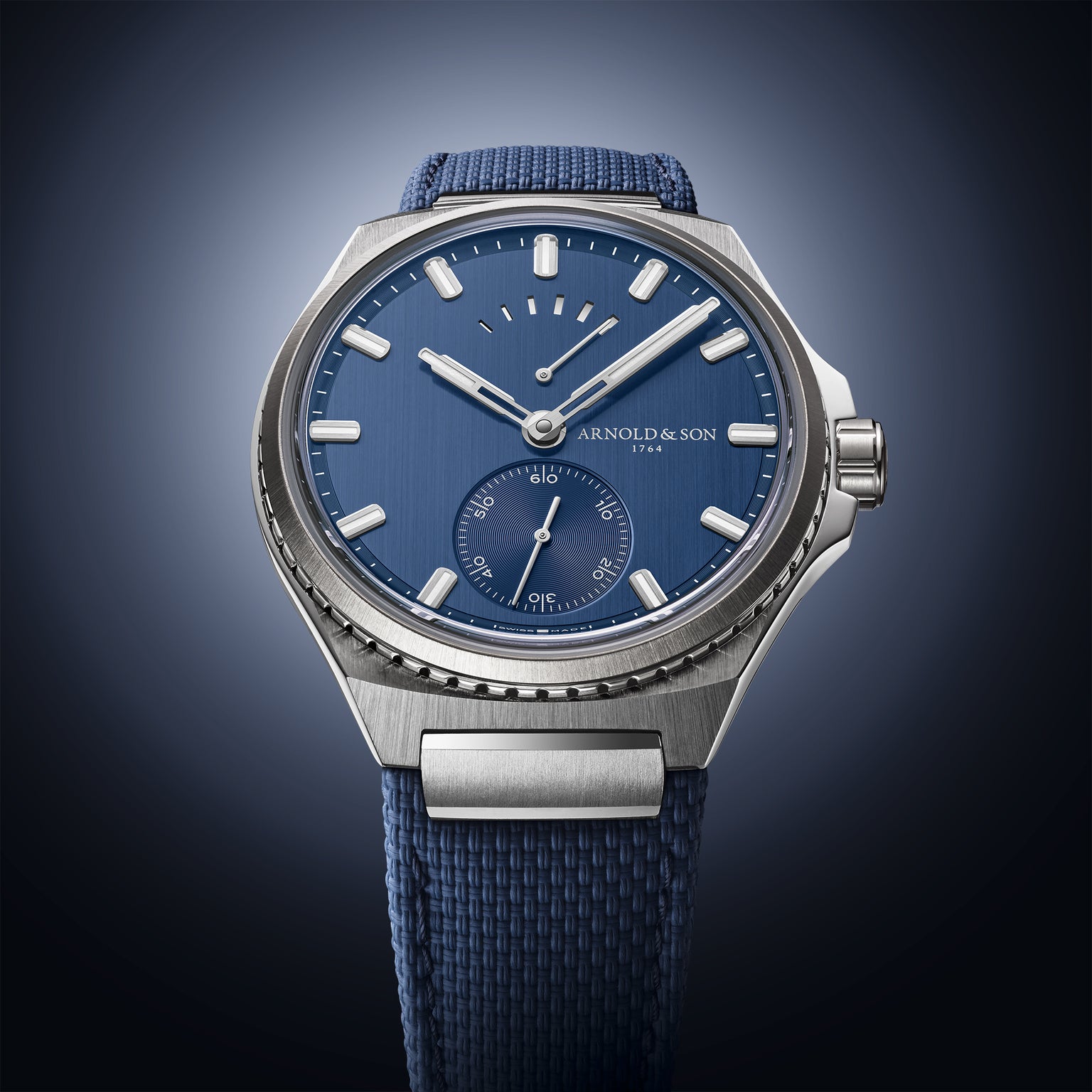 Longitude Titanium Ocean Blue Leather Strap Face Up
