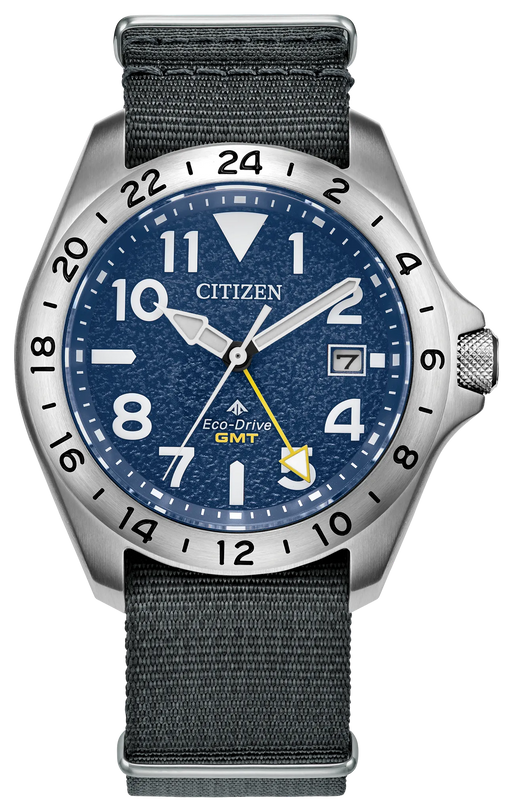 Citizen Promaster Land GMT watch with 39mm silver case, navy blue dial, and black nylon strap.