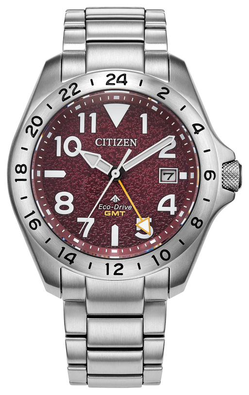 Citizen Promaster Land GMT with burgundy dial, stainless steel case and bracelet, GMT hand, and rotating 24-hour bezel.