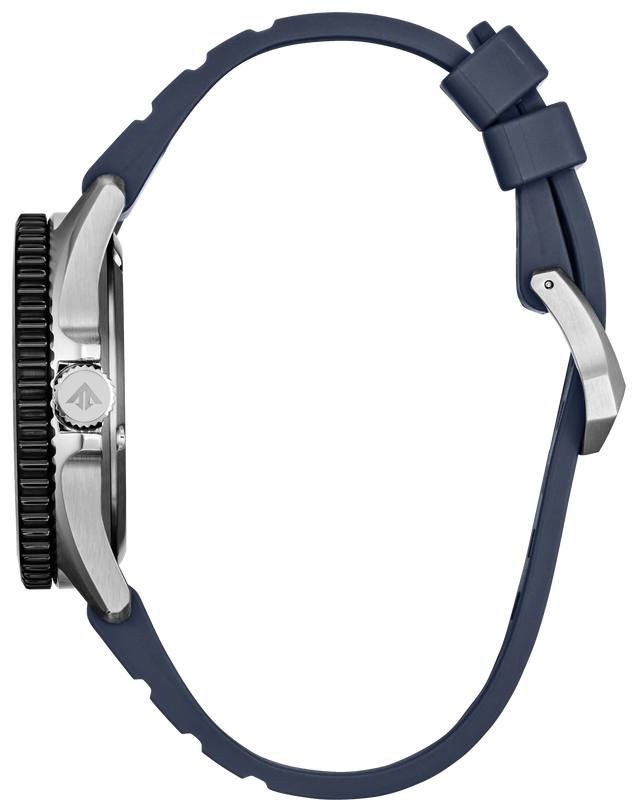Promaster Dive Blue watch with 40mm stainless steel case, black dial, and navy rubber strap shown from the side.