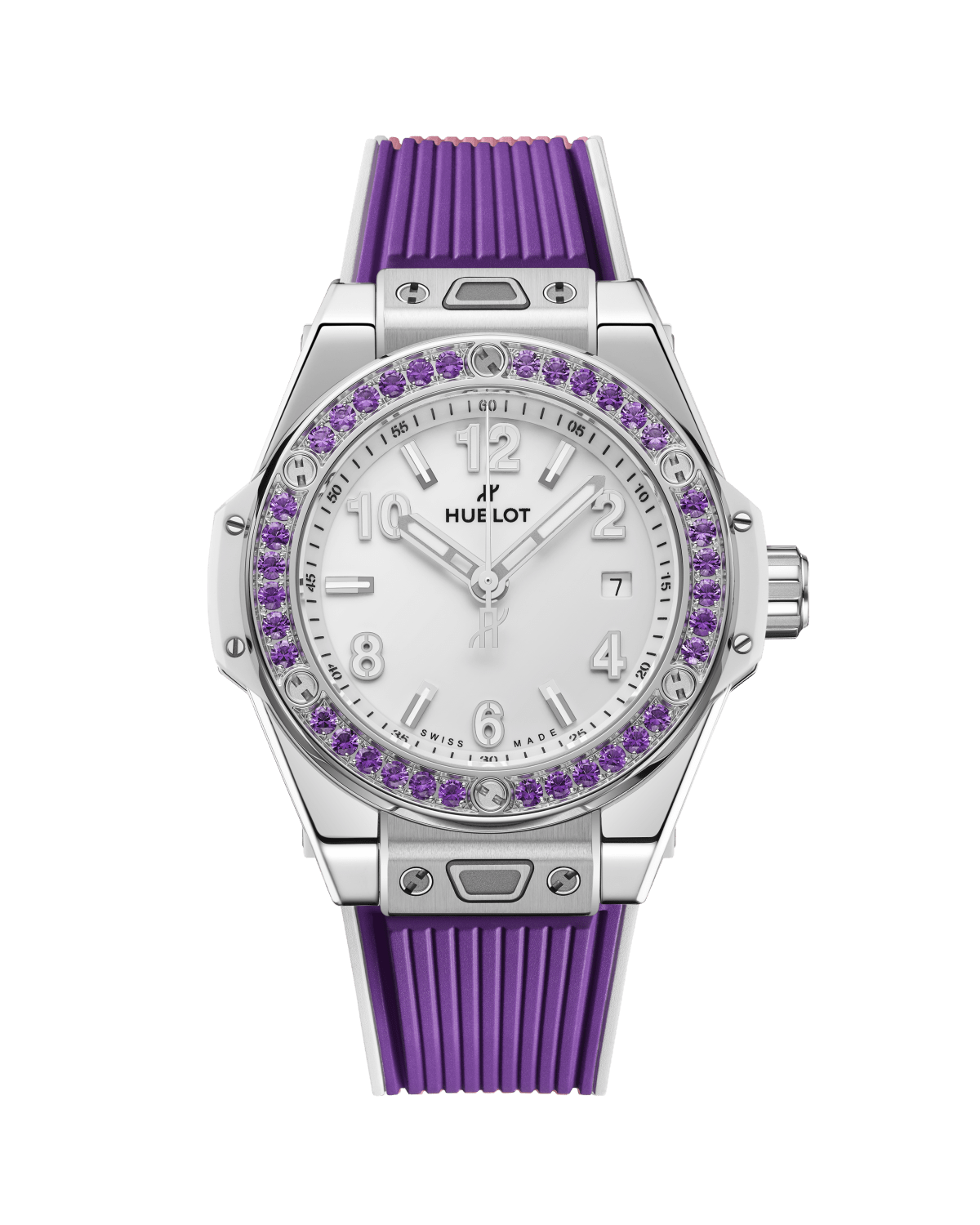 Watch with purple strap and bezel on a green background