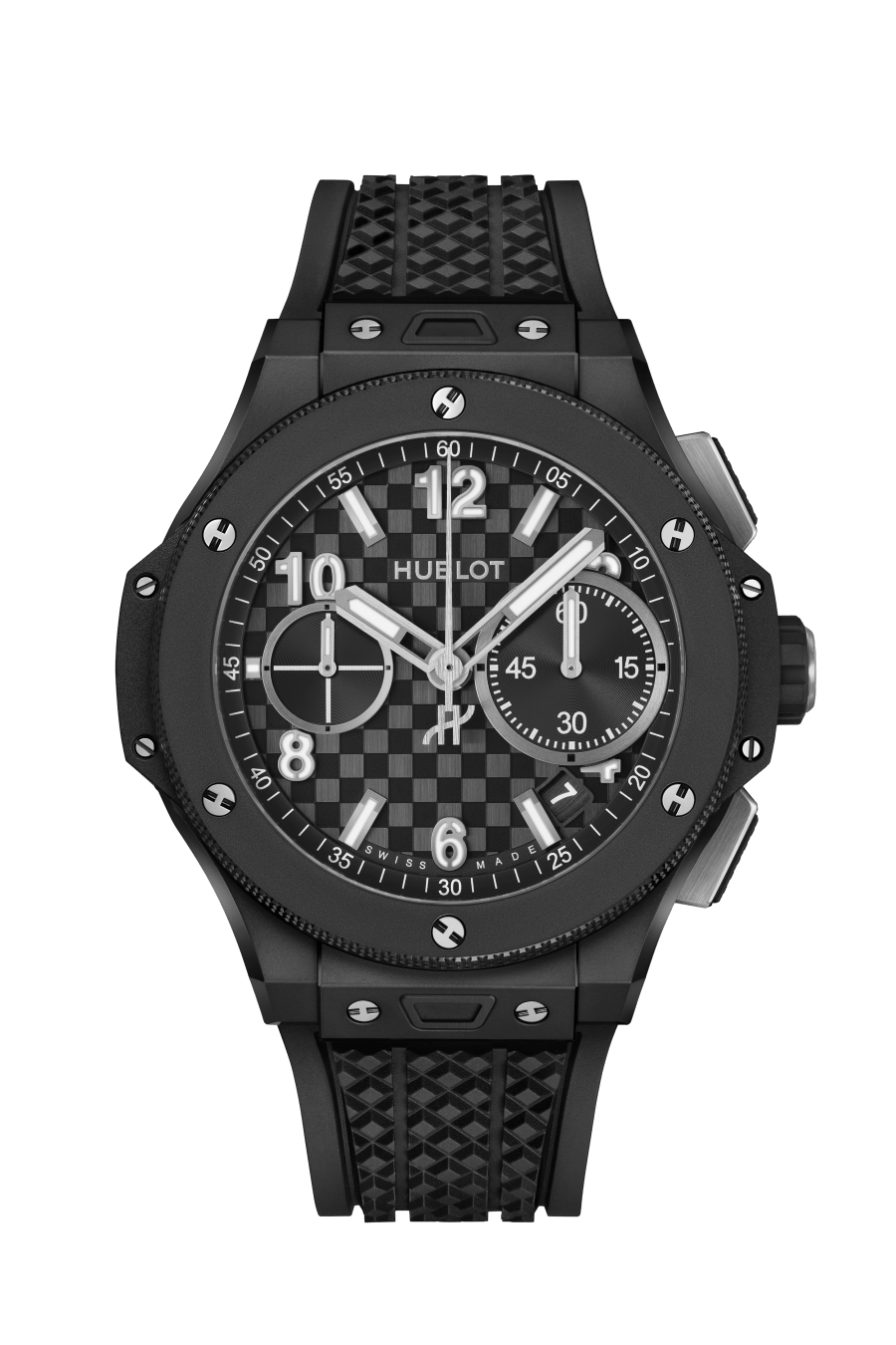 Black chronograph watch with textured dial, silver hands, and black rubber strap with geometric pattern.