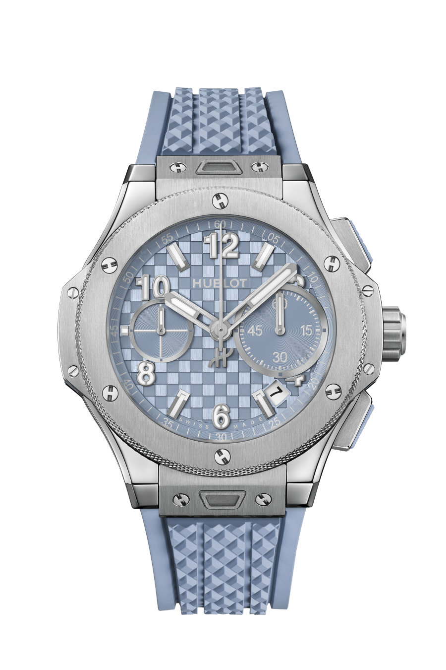 Hublot Big Bang Unico chronograph watch with titanium case, coal blue textured dial, and matching blue rubber strap.