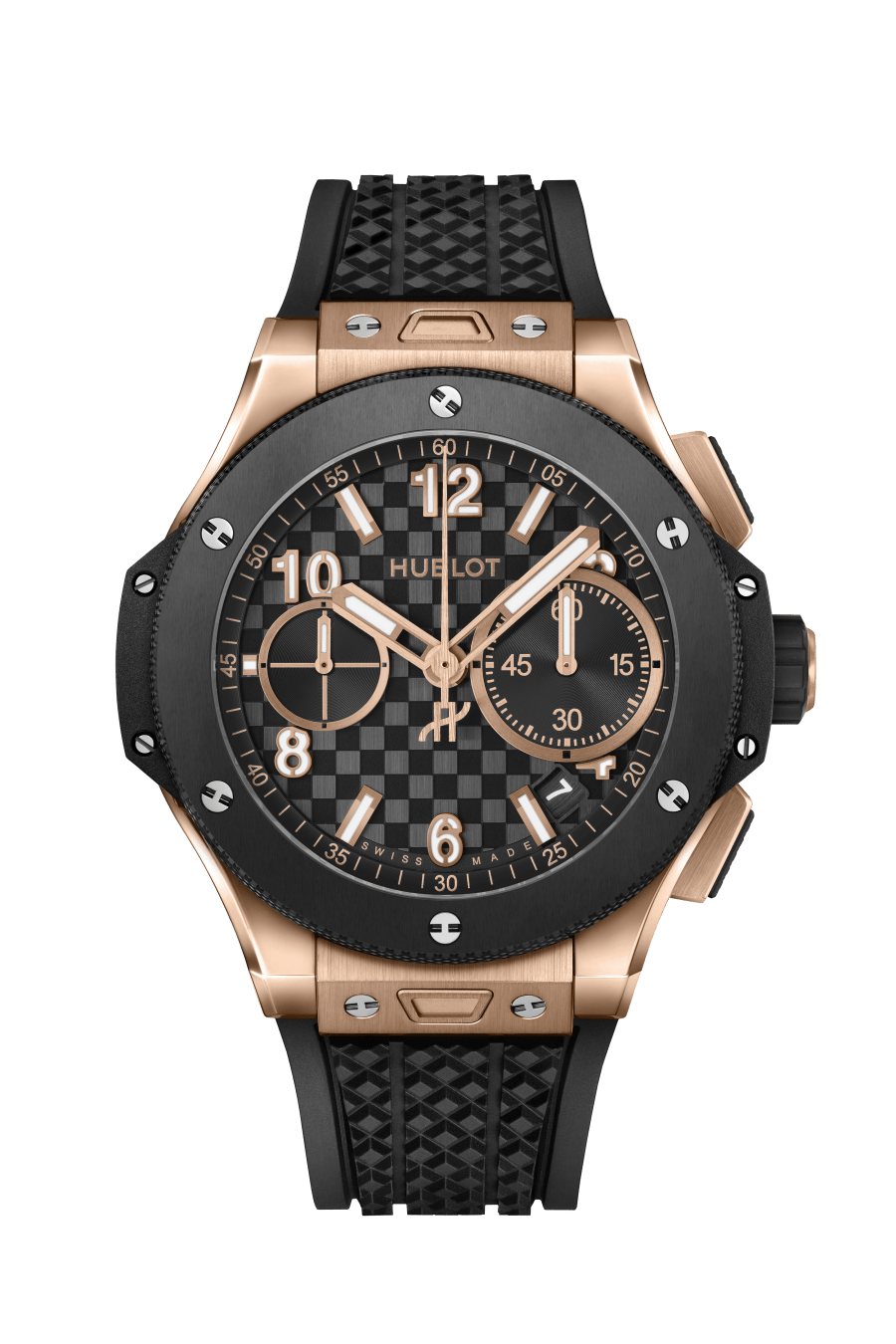 Gold and black chronograph watch with ceramic bezel, black textured dial, rose gold hands, and black rubber strap.