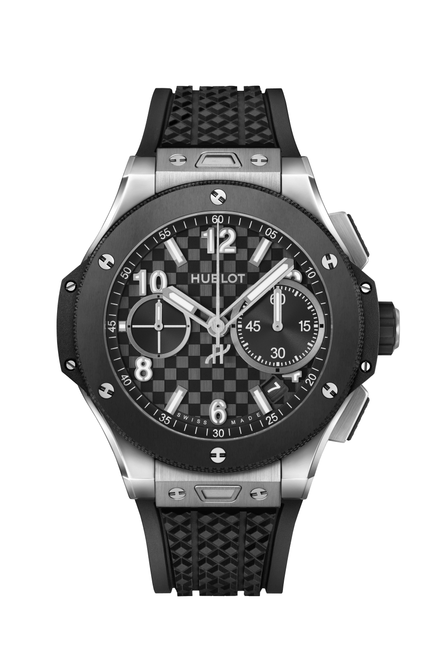 Hublot Big Bang chronograph watch with titanium case, ceramic bezel, black dial, and black rubber strap.