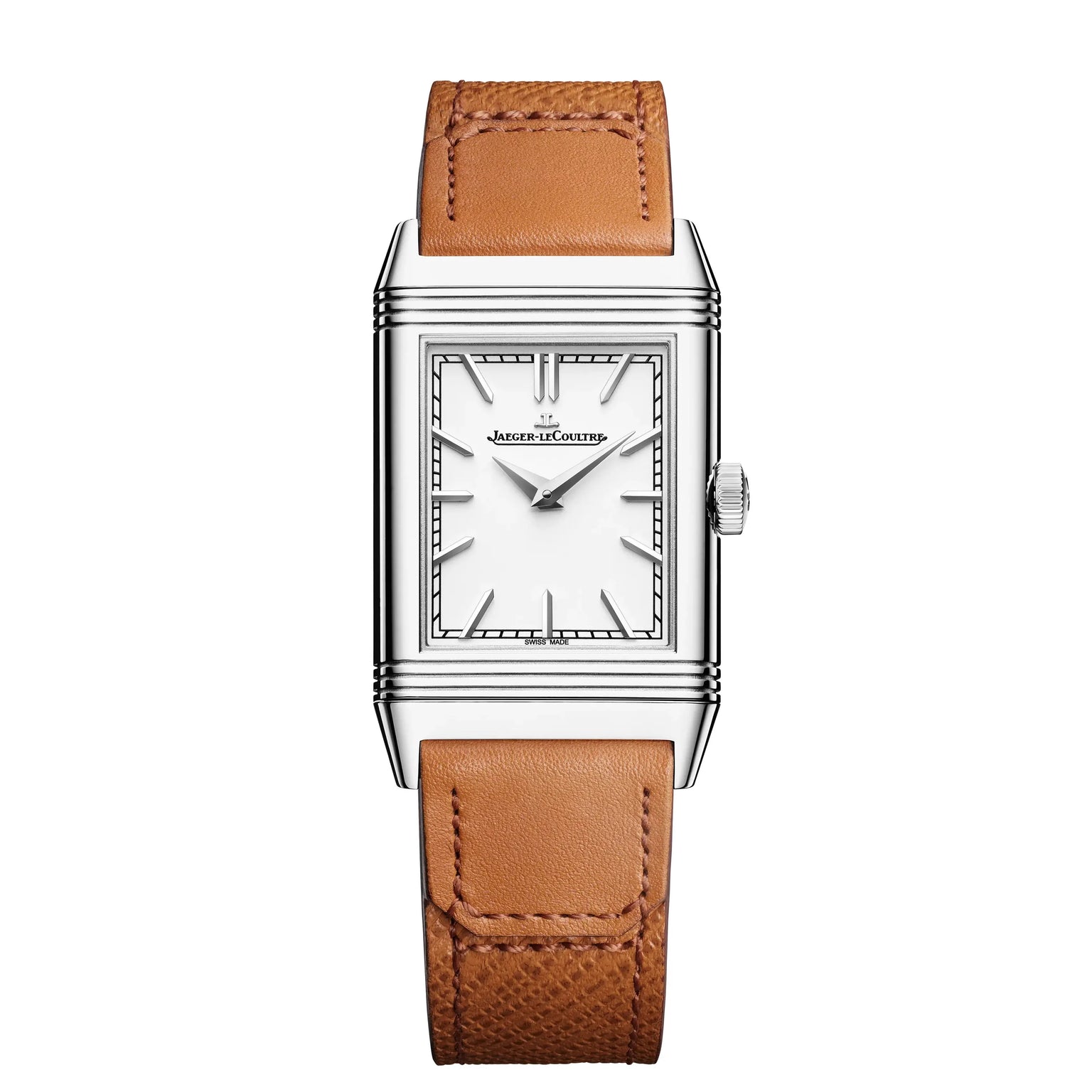 The Jaeger-LeCoultre Reverso Tribute Monoface is a rectangular silver watch with a white dial, black hour markers, and an interchangeable brown leather strap. The minimalist design features the Jaeger-LeCoultre name on the face.