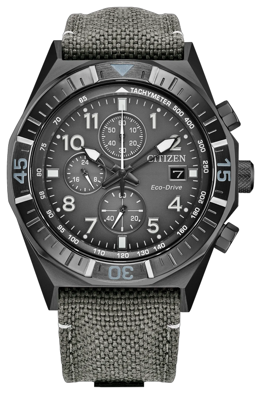 Gray stainless steel chronograph watch with tachymeter bezel, three subdials, date window, and gray fabric strap.