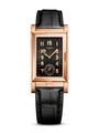 Rose gold rectangular watch with black dial, Arabic numerals, subsidiary seconds dial, and black leather strap.