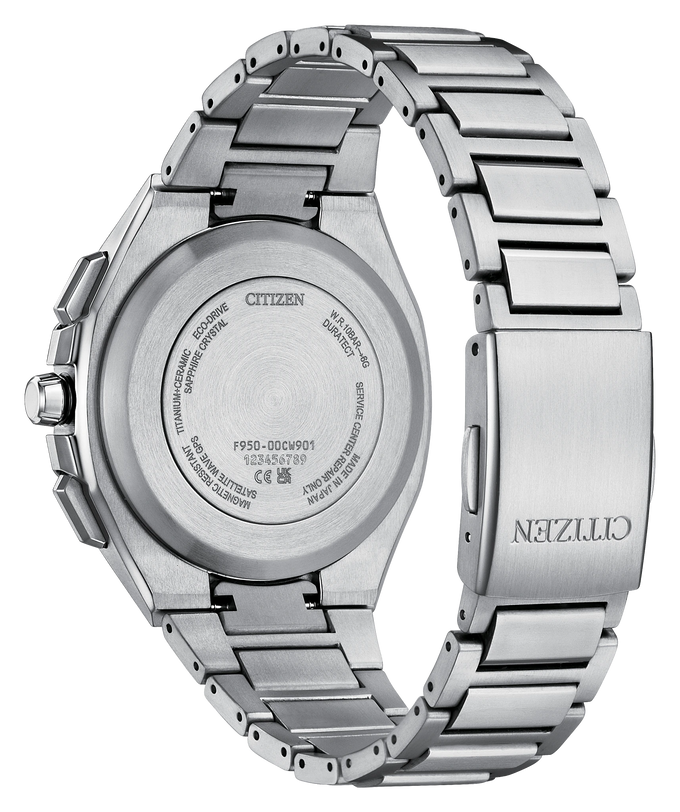 Citizen Attesa gray titanium watch, 43mm, shown from back displaying case back and bracelet detail.