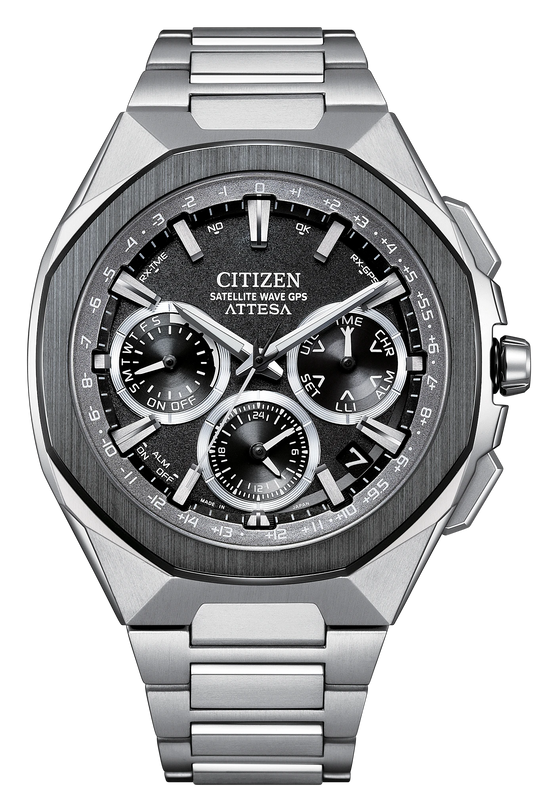 Citizen Attesa gray titanium 43mm watch with black dial, three subdials, and metal bracelet.