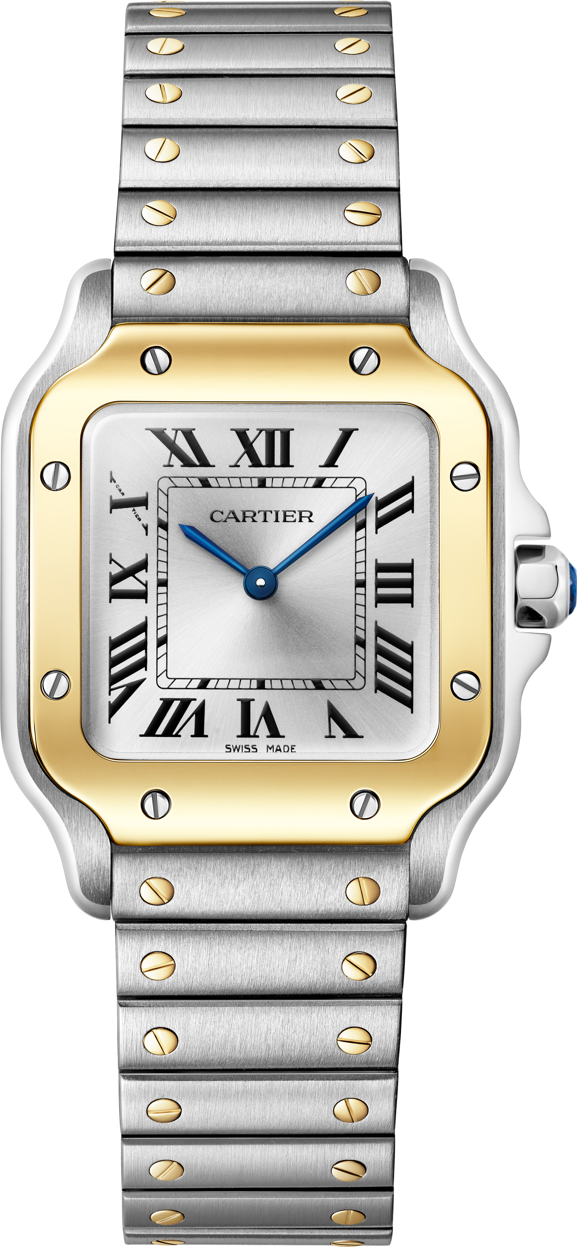 The Santos De Cartier Watch by Cartier features a silver case, gold bezel, Roman numerals, blue hands, and a metal link band.