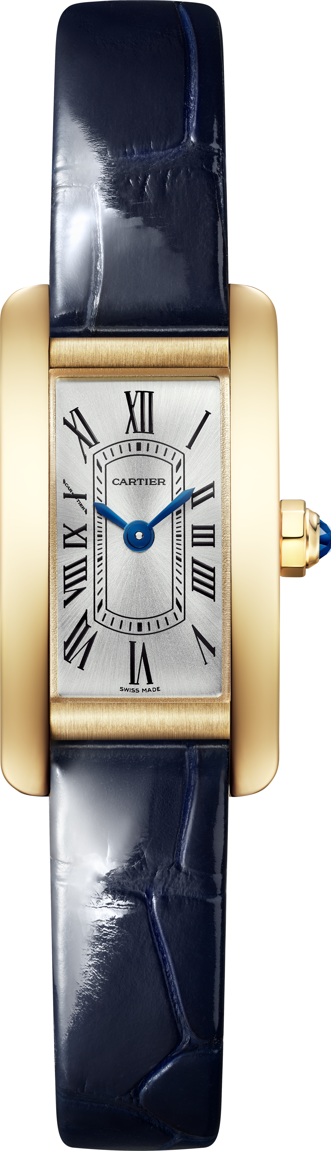 The Cartier Tank Américaine features a luxurious gold rectangular case, white dial with black Roman numerals, blue hands, and a dark blue leather strap—a true timeless classic.