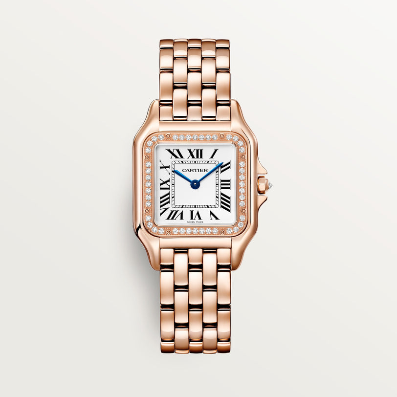 Rose gold square watch with diamond-set bezel, white dial with Roman numerals, blue hands, and matching rose gold bracelet.