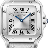 The Santos De Cartier by Cartier is a silver watch featuring Roman numerals, blue hands, and a metal bracelet.