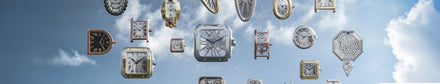 Various luxury watch faces floating against a blue sky with scattered clouds.
