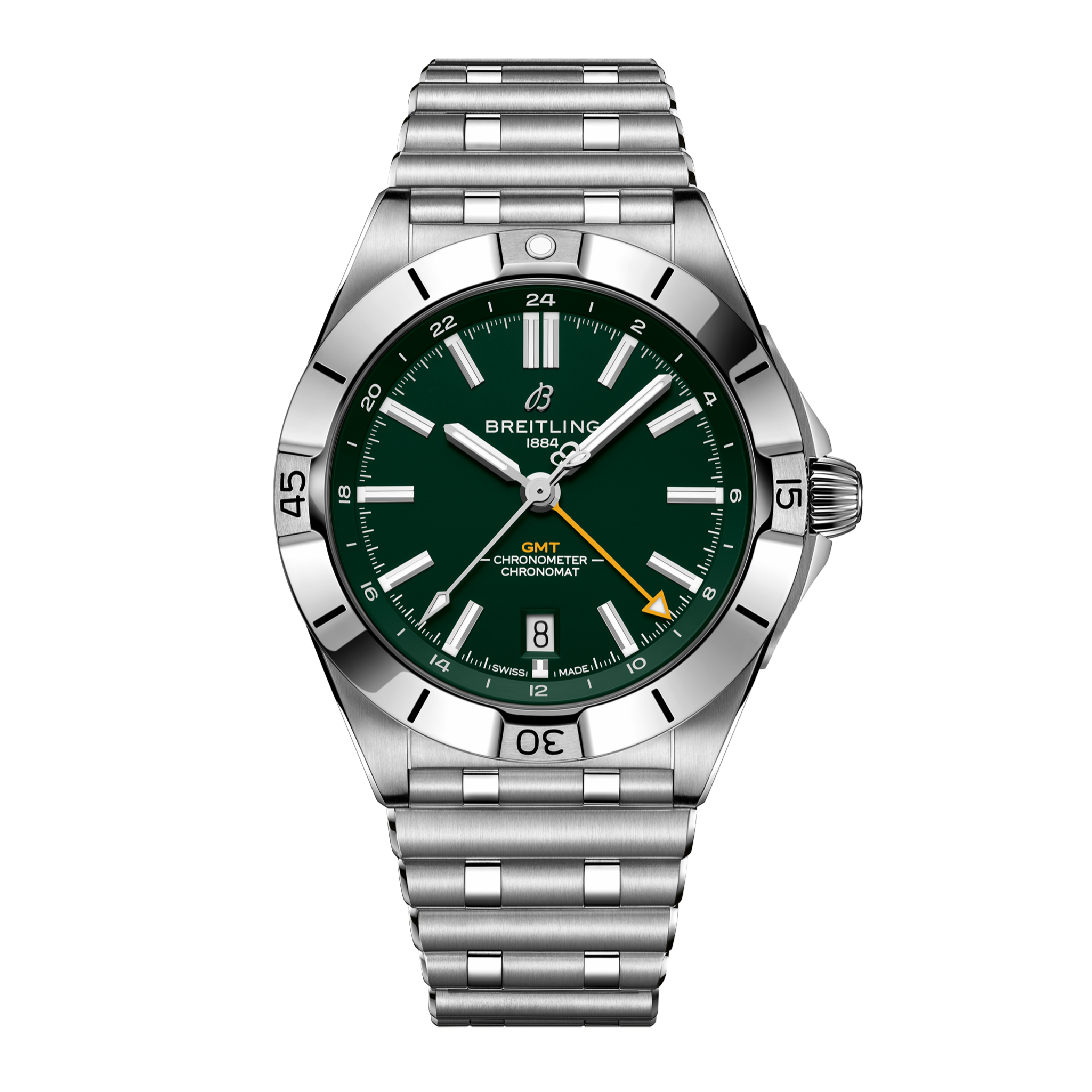 The Breitling Chronomat GMT 40 NFL Green Bay Packers Edition features a green dial, silver markers, date at 6 o’clock, yellow GMT hand, and metal bracelet with a silver bezel accented by black minute markers.