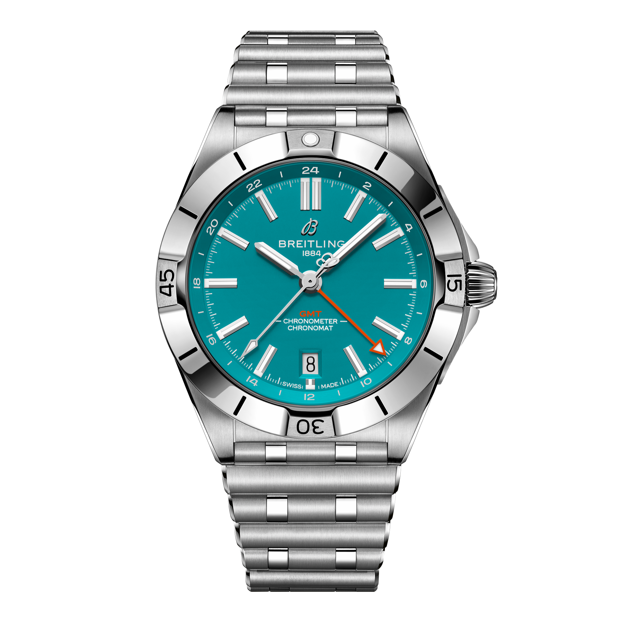 The Breitling Chronomat GMT 40 NFL Miami Dolphins Edition features a stainless steel case, turquoise blue dial, silver hour markers, date window at 6 o’clock, unidirectional bezel, and a silver bracelet.
