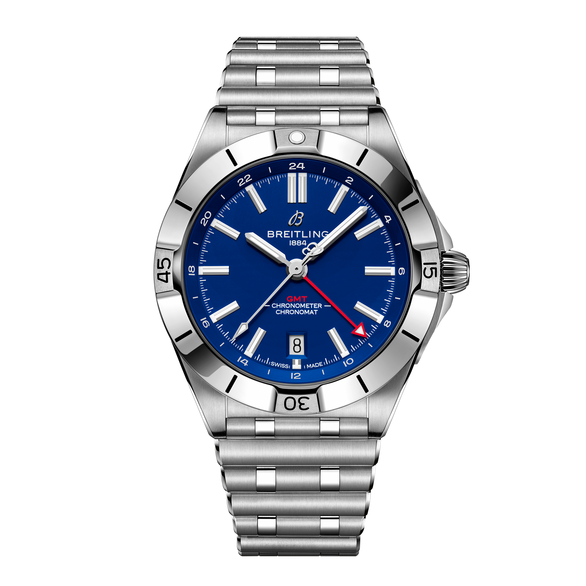 A Breitling Chronomat GMT 40 NFL Buffalo Bills Edition wristwatch in stainless steel with a blue dial, silver hour markers, date at 6 o’clock, red GMT hand, and metal link bracelet shown on a white background.