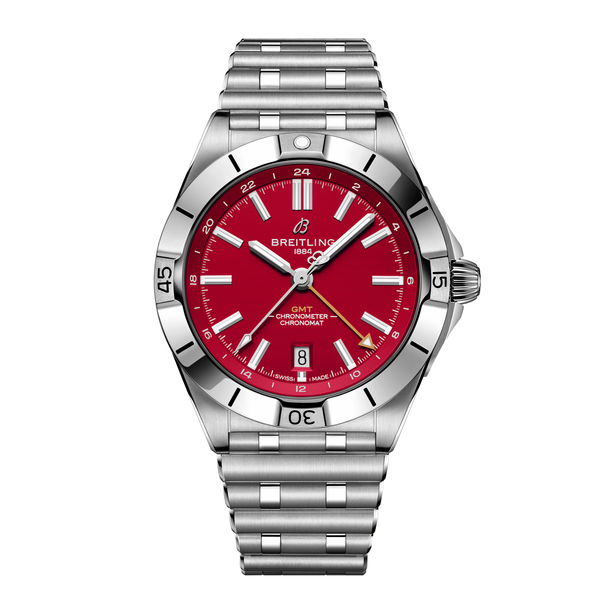 The Breitling Chronomat GMT 40 San Francisco 49ers Edition features a red dial, silver hour markers, date at 6 o’clock, and stainless steel bracelet—evoking the team’s bold colors—displayed against a white background.