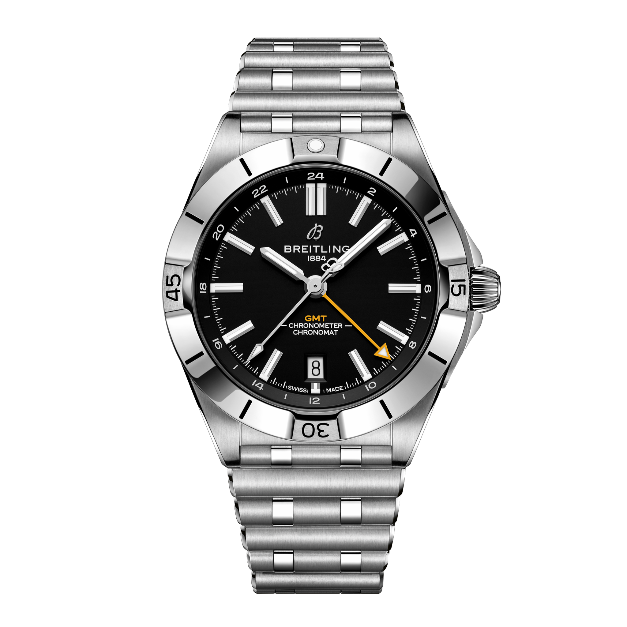 The Breitling Chronomat GMT 40 Pittsburgh Steelers is a stainless steel watch with a black dial, silver markers, date at 6 o’clock, yellow GMT hand, silver metal bracelet, and rotating bezel.